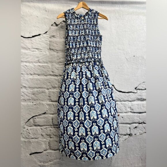 J. McLaughlin The Ciri Maxi Dress Blue Damask 100% Cotton Ruched Bodice Casual - Picture 10 of 14